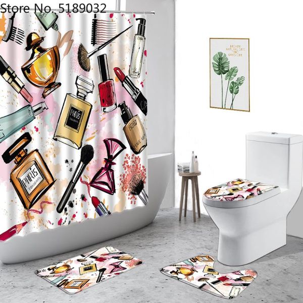 

shower curtains beautiful girl curtain perfume lipstick cosmetic bathroom decoration set with hooks non-slip carpet toilet cover