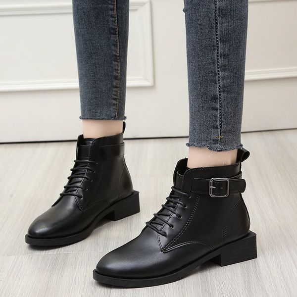 

boots black pu leather ankle women autumn winter retro lace up shoes woman fashion motorcycle platform botas mujer
