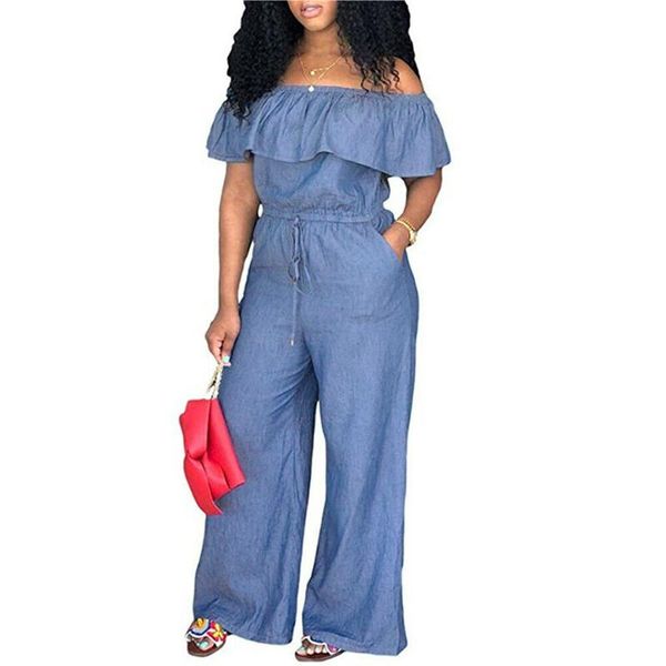 

women's jumpsuits & rompers size -4xl fashion women off shoulder denim blue romper playsuit wide leg pants casual beach ruffle summer, Black;white