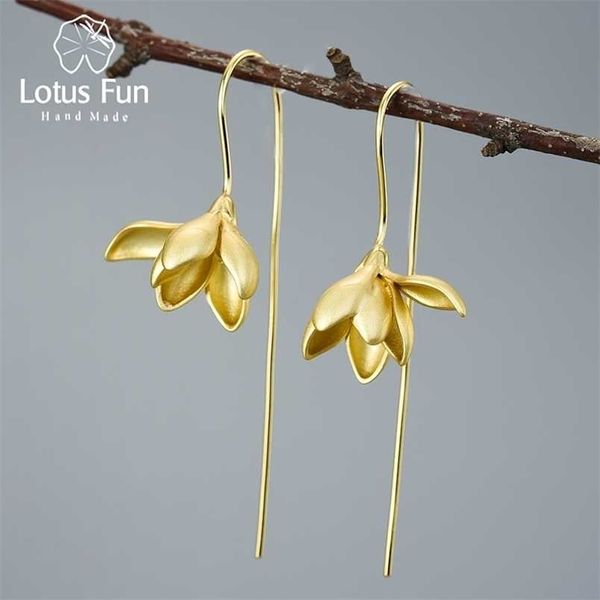 

lotus fun real 925 sterling silver earrings designer fine jewelry 18k gold elegant magnolia flower dangle earrings for women 220210, Golden