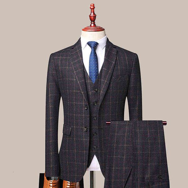 

luxury suits blaze men's three piece busins profsional korean slim fit double button plaid suit fashion, Black
