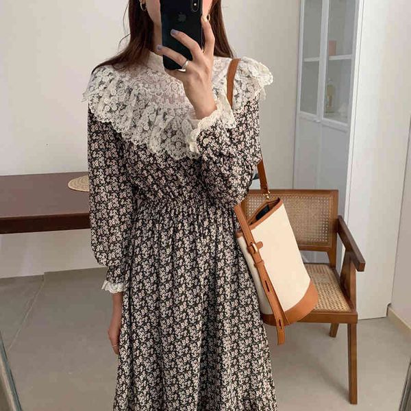 

dresses women es lace splicing long-sleeves floral gentle french long sweet printing female fashion elegant, Black;gray