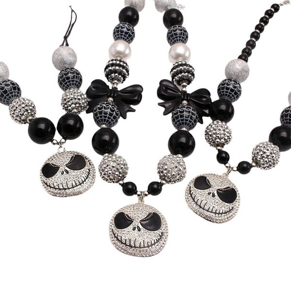 

girls necklaces pendants jewelry childrens accessories halloween children's set diamond skull large beaded b9253, Red;brown