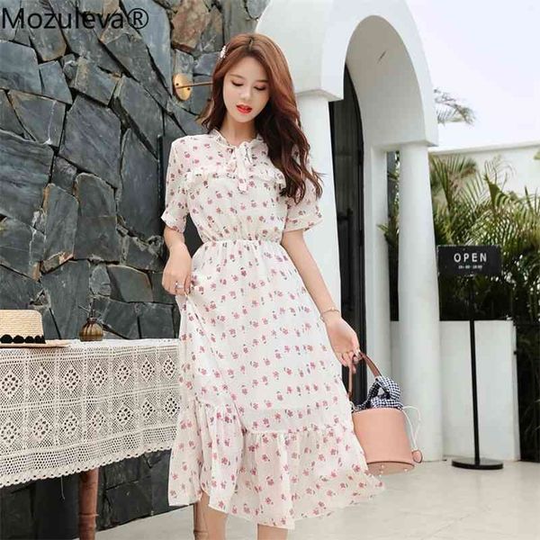 

ruffles floral print chiffon women spring high elastic waist a-line bow collar female mid-length dress vestidos 210416, White
