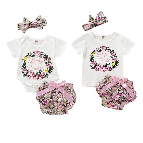 

clothing sets matching outfits sisters toddler kids baby girls clothes bodysuit / t-shirt floral ruffle shorts+ headband 3pcs set, White
