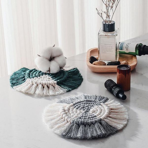 

nordic style hand-woven color block cotton heat insulation bowl mat placemat cushion mats & pads