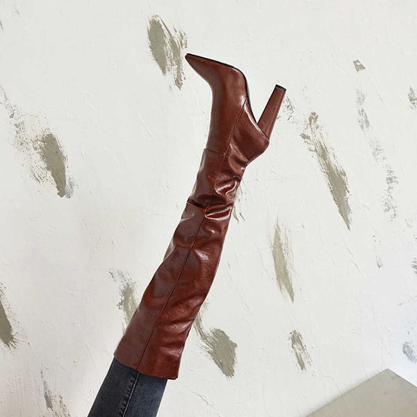 

wind 2021 spring new thick high heels wrinkled wine red over knee large shoes women's boots 41, Black