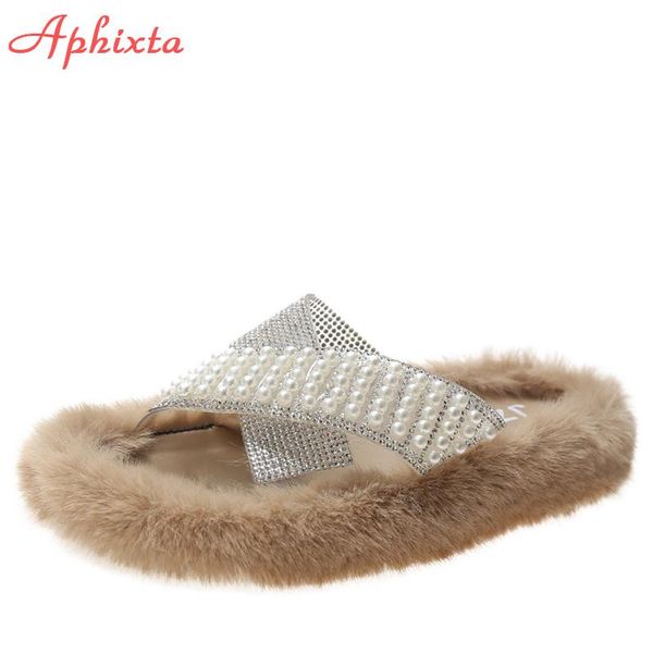 

slippers aphixta 2021 furry winter warm luxury peal & crystals home women flip flop round toe mules shoes indoor female, Black