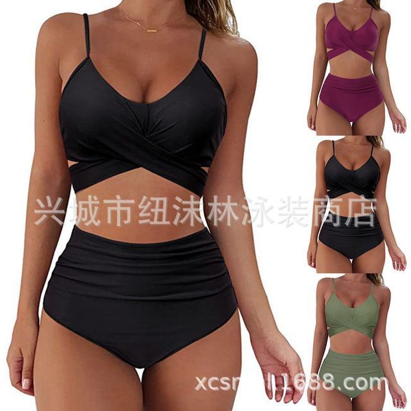 

solid color women' beach rort 3-point split bikini swimsuit, Red;black