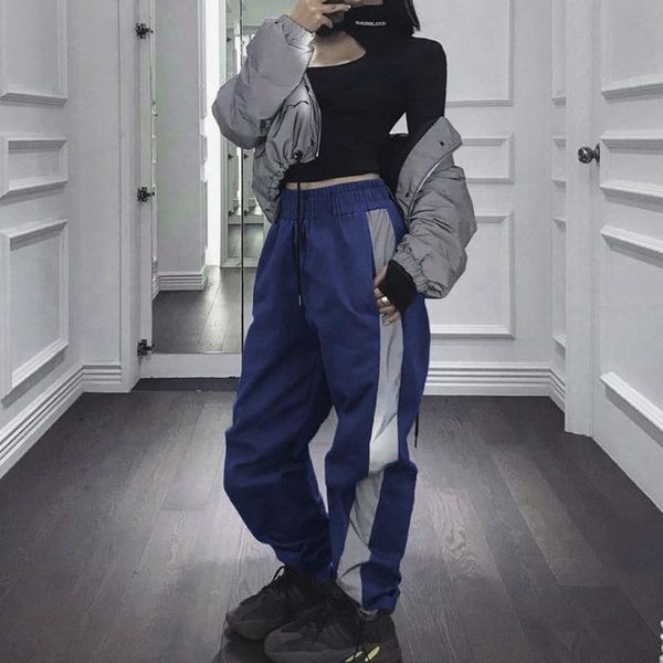 

ladies trendy hip-hop reflective stitching sports loose-fitting trousers women's loose legged pants vliegenverjager & capris, Black;white