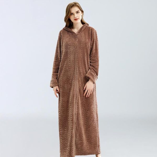 

autumn winter women's nightgown flannel hood long sleepwear solid loose with zipper thicken female bath robe ladies, Black;red