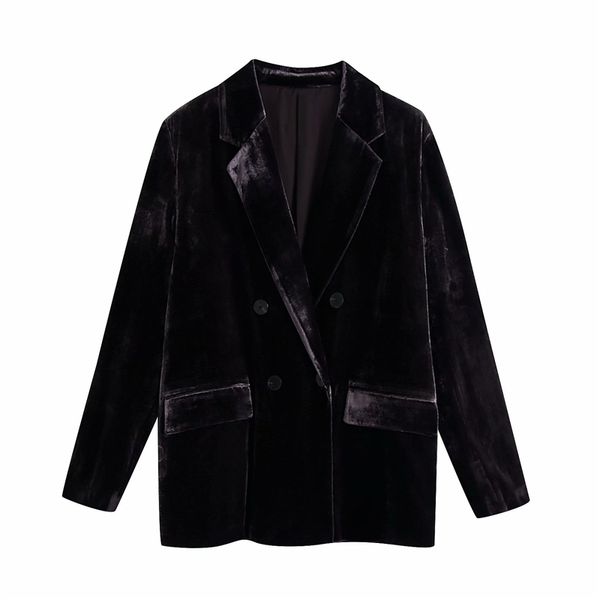 Elegante Frauen Schwarz Samt Blazer Mode Damen Kerb Kragen Jacken Streetwear Weibliche Chic Zweireiher Taschen Mantel 210427