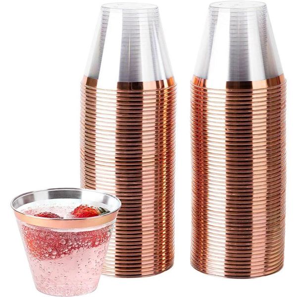 

disposable cups & straws 9oz plastic cup transparent rose gold rim aviation for tea juice cocktail ice cream dessert mousse
