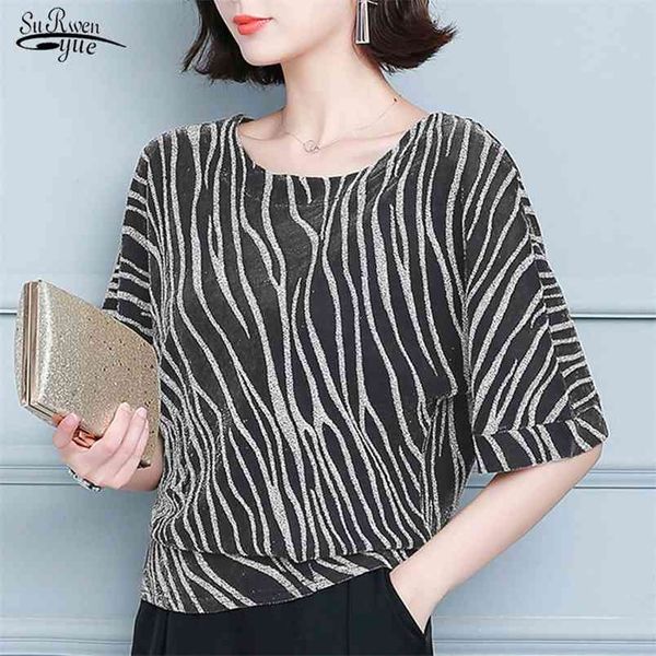 

blusas summer plus size blouse women short sleeve cotton casual o neck shirt striped chic lady pullover 10126 210421, White