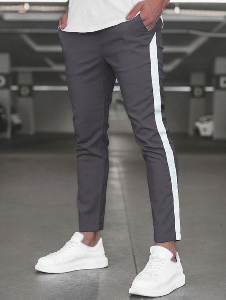 

men contrast side seam slant pocket pants 98ea#, Black