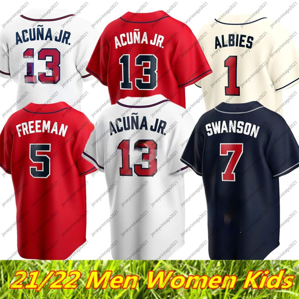 

2021 marcell ozuna jersey 5 freddie an 7 dansby swanson 13 ronald acuna jr. 1 ozzie albies mike soroka baseball jerseys, Blue;black
