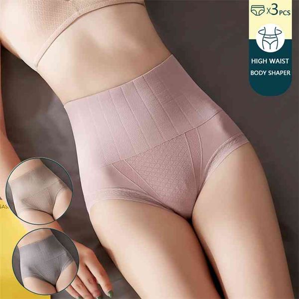 3 adet / takım Yüksek Bel Vücut Şekillendirme Kadınlar Pamuk Kontrol Külot Zayıflama Karın Shapewear Seenless Kadın İç Çamaşırı Dropshipping 210402