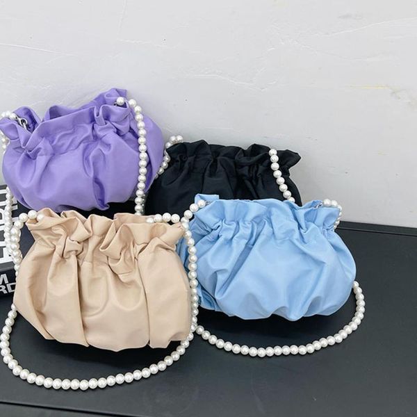 

women pearl chain shoulder crossbody bag fashion pure color drawstring handbag elegant ladies cross body