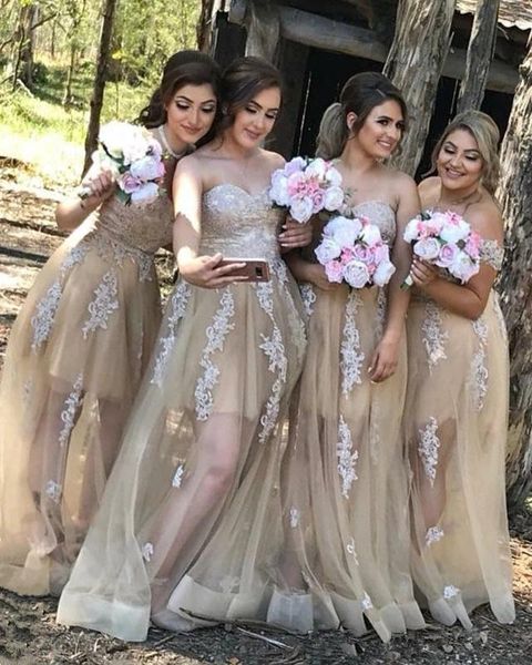 

bridesmaid dress 2021 champagne tulle dresses sweetheart lace applique long a line maid of honor plus size vestidos de festa, White;pink