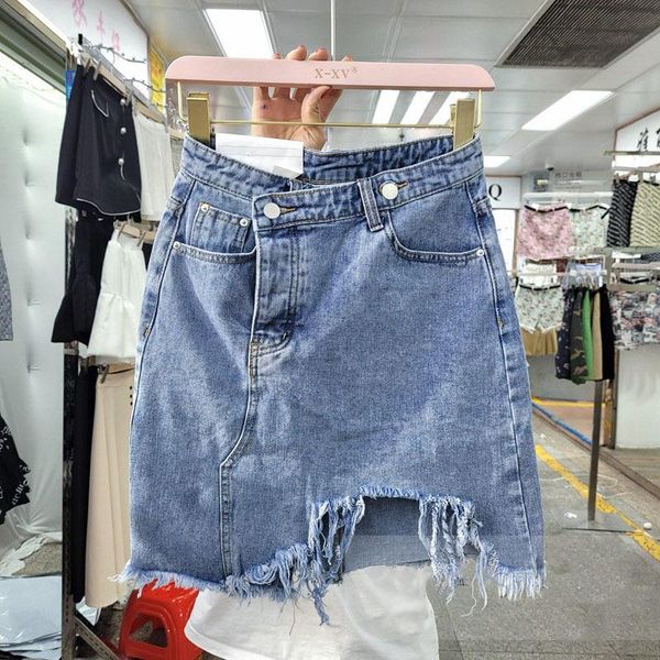 

skirts seebeautiful irregular a-line denim half-body skirt high waist button pockets hole tassel woman summer 2021 fashion e628, Black