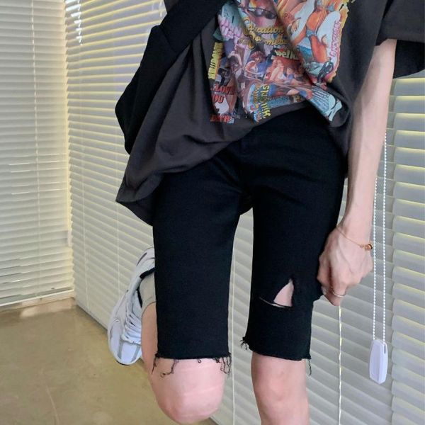 

women's jeans women's high waist thin hole five point shorts 2021 summer black wool tight elastic pants, Blue