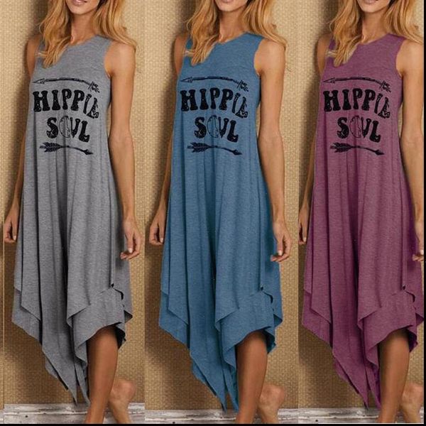 

women casual womens dresses dress summer hippie soul letter print long sleeveless o neck double layer irregular hem maxi, Black;gray