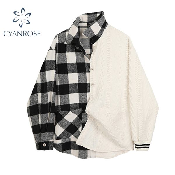 

fashion women woolen blouse patchwork plaid designer spring oversize long sleeve lapel cardigan shirt female streetwear 210430, White