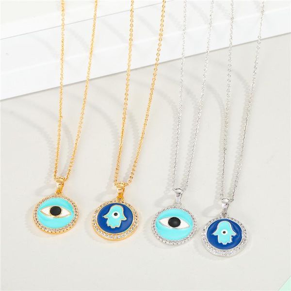 

pendant necklaces 1pc bohemian crystal round turkish eye necklace for women vintage fatima hand choker short jewelry n698-16, Silver