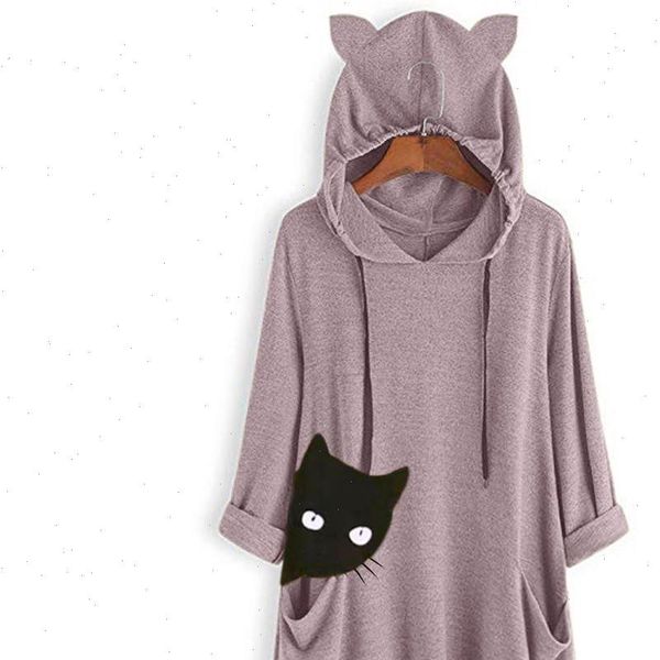 

autumn casual print cat womens shirts ear hooded long sleeves pocket irregular blouses winter ladies girls 802, White