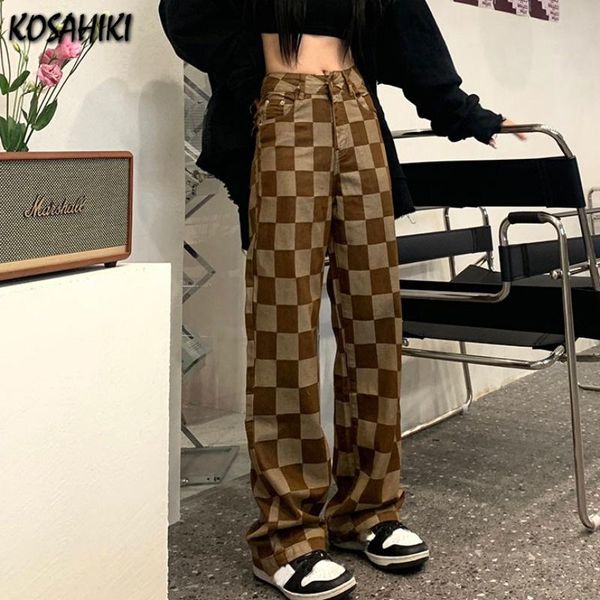 

women's pants & capris kosahiki high waist women checkerboard jeans vintage streetwear hip hop straight baggy trouser fashion casual la, Black;white