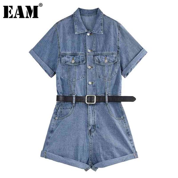 

[eam] loose fit women blue denim belt wide leg rompers high waist pocket stitch pants fashion spring summer 1dd7869 21512, White