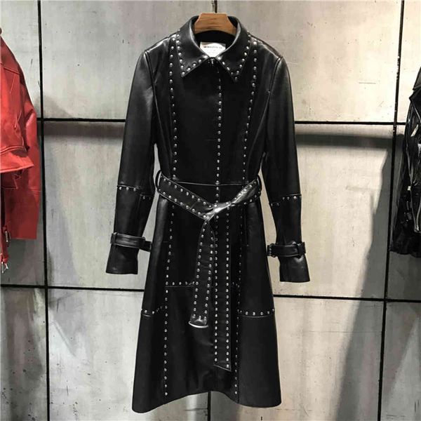 

lady genuine trench women real sheep leather coat long plus size 5xl, Tan;black