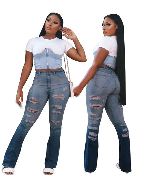

quality women ripped jeans with gradient color printing autumn est lady's high waist hollow out ny denim pants, Blue