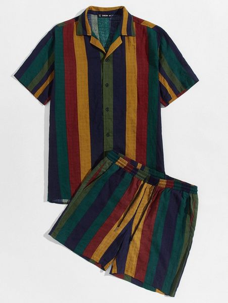 

men striped button shirt & shorts set a355#, Gray