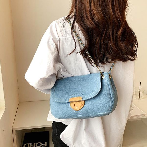 

evening bags 2021 denim double chains bag fashionable blue shoulder flap large capacity korea style handbags messenger female