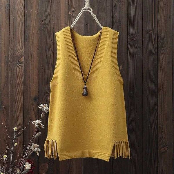 

sweater vest v-neck women casual loose fringed knitted pull korean style wild jumper sueter clothes gilet femme 211008, Black;white