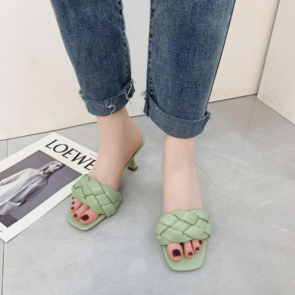 

sandals and slippers women summer korean outer wear fashion word drag woven high heels, Black