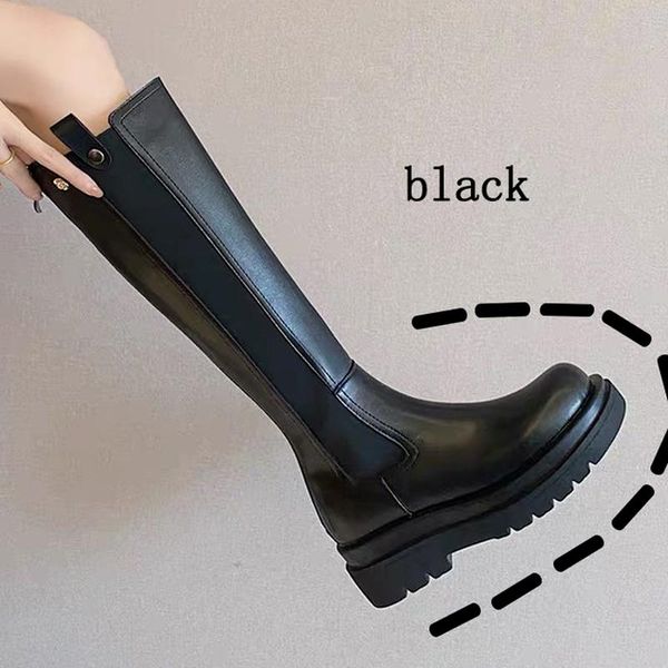

boots women motorcycle genuine leather thick sole long woman casual flats platform knee high, Black