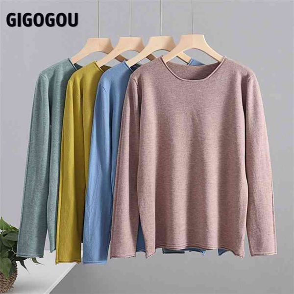 GIGOGOU Solide O Neck Frauen Pullover Candy Farbe Dünne Enge Pullover Schwarz Weiß Herbst Frühling Pullover Weiche Weibliche Jumper Tops ziehen 210805