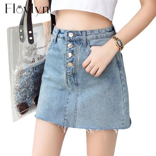 

skirts floylyn summer single breasted women denim skirt pockets a-line high waist jeans street casual, Black