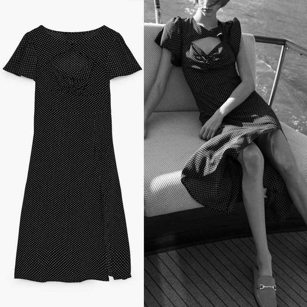 ZA ritagliata Dot Party Dress Dress Donne Breve Polder Sleeve Black Midi Summer Dress Dress Donna Chic Side Zip Rucchitati Vestidos 210602