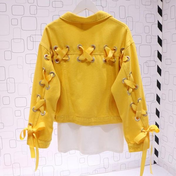 

women's jackets harajuku turn collar short denim jacket loose women jeans coat female bomber feminina oversize autumn lace up bowknot, Black;brown