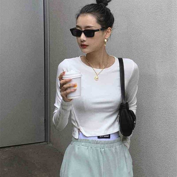 

women's t-shirt autumn knit women tshirt casual long sleeve crop side zipper crewneck bodycon tee shirt femme clothing a2f7, White
