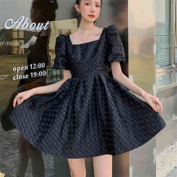

french style square neck puff sleeve mini vintage dress women backless back bow black korean summer robe 210514, Black;gray