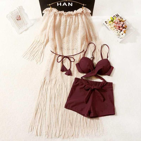 

belly long swimsuit three-piece crimson high waist bikini swimwear women push up bathing suit biquini ruffle bikinis1