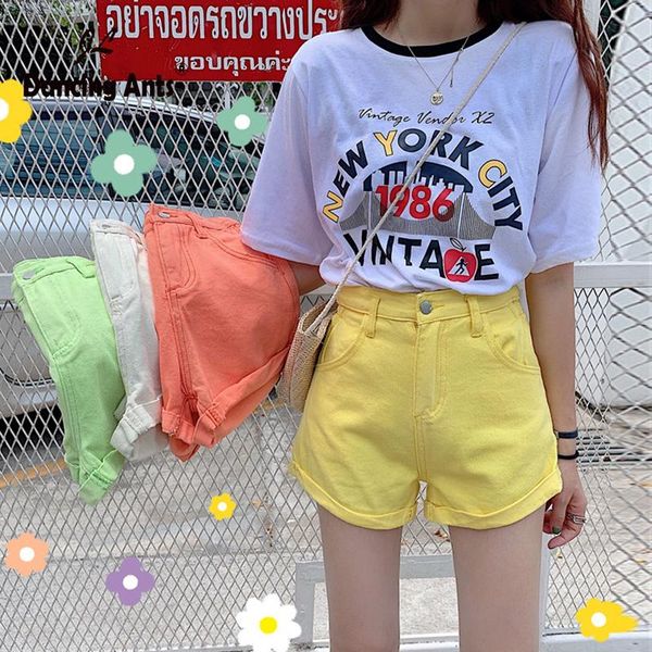 

woman denim shorts solid high waist wide-leg loose jeans short korean style office lady cuffs pockets trousers 2021 summer women's, White;black