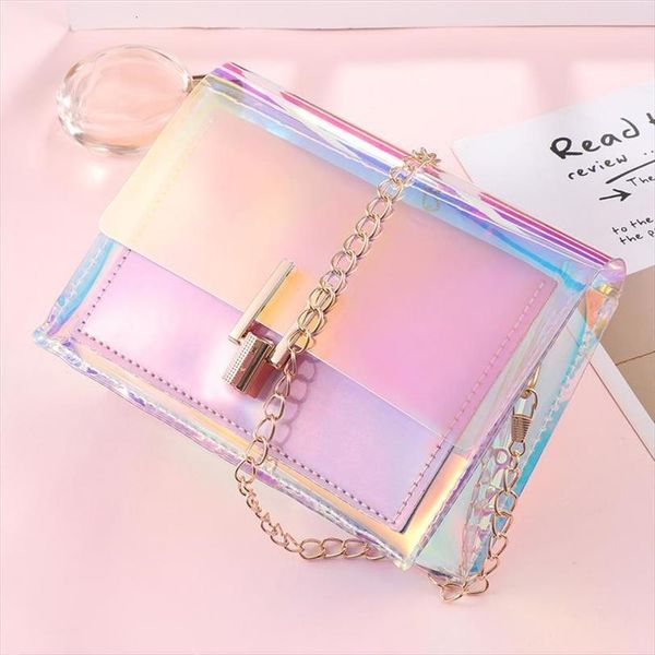 

yard women transparent handbag cosmetic bags colorful chain rainbow purses clear jelly mini bag pink
