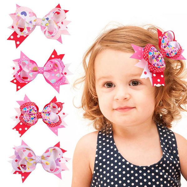

girls hair accessories hairclips bb clip barrettes clips children kids 3inch multi-layer bow hairpin love wave point card b9332, Slivery;white