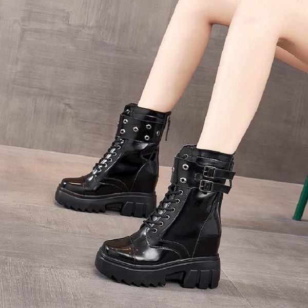 

boots spring autumn korean style height increasing platform buckles rivet genuine leather women ankle short equestrian 1217, Black