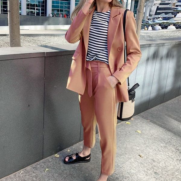 

two-piece blazer women suits long sleeve double breasted casual blazer pants set office ladies elegant pant suits 210413, White